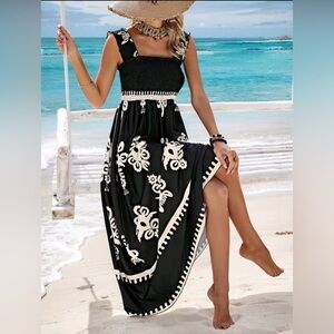 Elegant Bohemian Black and White Floral Midi Dress ethnic-inspired motif. New